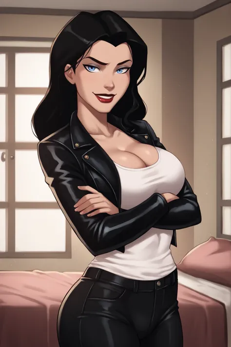 safe_pos, PonyXLV6_Scores BREAK ((parody style, parody), perfect anatomy, perfect eyes, cowboy shot), BREAK zatanna, black hair, blue eyes, dark red lipstick, makeup, ((looking at viewer)), curvy, athletic, large breasts, cleavage, smile, seductive express...