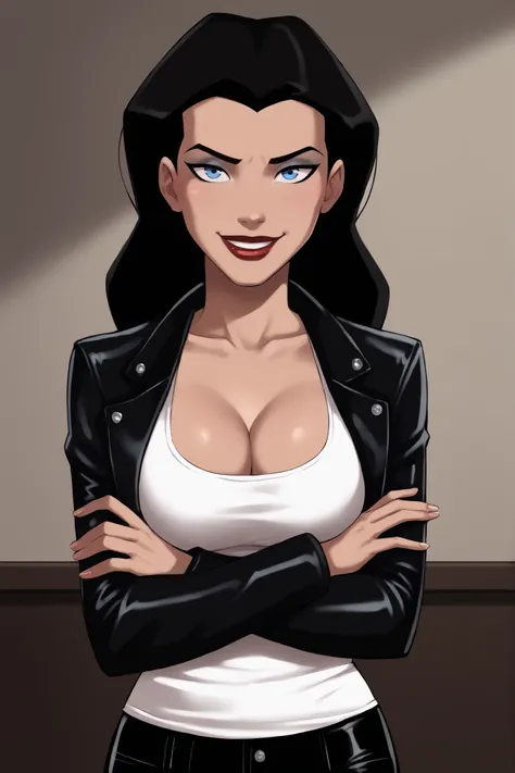 safe_pos, PonyXLV6_Scores BREAK ((parody style, parody), perfect anatomy, perfect eyes, cowboy shot), BREAK zatanna, black hair, blue eyes, dark red lipstick, makeup, ((looking at viewer)), curvy, athletic, large breasts, cleavage, smile, seductive express...