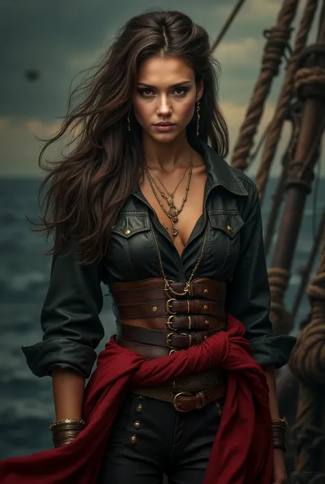 half body shot of pirate woman in long red and black leather
