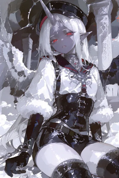 The girl is a fallen Seraph. Her long straight hair is jet black, highlighted with white strands,half bangs ower her eyes. her eyes are dark black with white crosses pupils.  She has black-grey skin and pointed ears. on her skin she has a tattoo of the sil...
