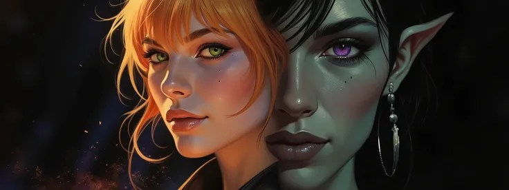 (masterpiece:1.2), ultra-detailed, Flux-style hyperrealistic portrait, path tracing lighting, cinematic contrast with soft transitions, close-up on the face of a half-elf woman, around 28–30 years old, intense symmetrical gaze, artistic duality of light an...