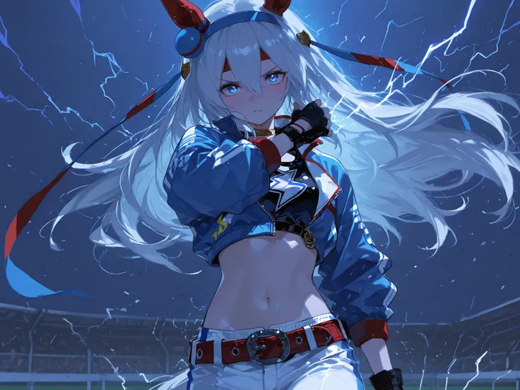 tamamo cross(Uma Musume), wearing her race outfit, R4CE,blue jacket,white pants ,belt,crop top,navel,midriff,lightning bolt symbol,fingerless gloves , intense and determined expression, surrounded by a cool dark blue aura, swirling energy and fighting spir...