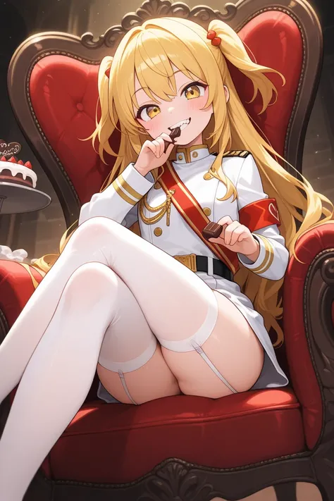 masterpiece, best quality, amazing quality、A young girl in a white military uniform、blonde、side up hair、white stockings、Legs crossed、Point the sole of the foot to the viewer、Hold  in your right hand and chew it up with your teeth、sits on a chocolate chair、piles up large amounts of sweets such as cakes and  around the chair、 Castle、Adorable Design、