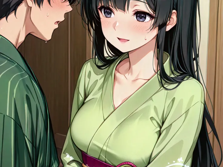 kimono-dress,A woman wearing a green yukata is sixtynine with a man　The woman has semi-long black hair　　Women are feeling sexually　Women seem happy　