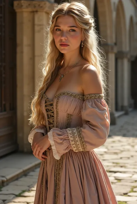   (RAW Photo, Best Quality), (Realistic, Photo Realistic: 1.3), Best Quality, Highly Detailed, Masterpiece, Hyperdetail, Realistic photo shot, realistic photo of a   beautiful young queen , makeup,  ,   blonde hair, lots of cleavage , (( 18th Century Vinta...