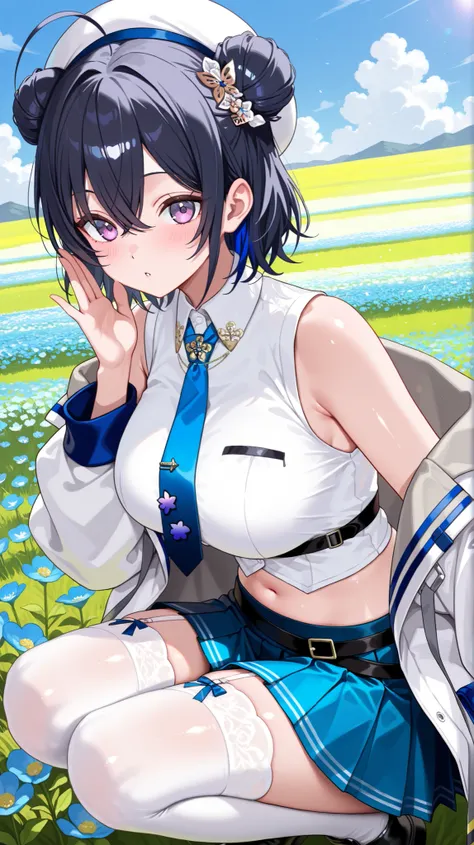 4K, 8K, high quality, highest quality, delicate, clear, super beautiful, girl, 1 person, Ichinose Uruha, Vtuber, black hair, blue mesh, blue-black hair, beautiful, cute, shiny skin, glossy skin, beautiful skin, ((face emphasis)), beautiful breasts, large b...