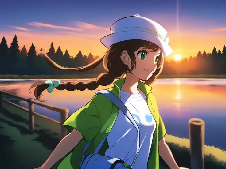 Pokémon style,illustration,Sunset,Forest,lake,1 girl,brown double twist braid,green eyes,pure white bow hat,light green open jacket,pure white t-shirt,Partial light,side,Smile,(brown hair),Shoulder Bag,dynamic,Extend your hands