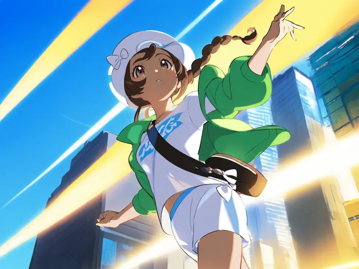 Pokémon style,illustration,Magnificent skyscraper,1 girl,brown double twist braid,pure white bow hat,light green open jacket,pure white t-shirt,Partial light,Backdrop,(brown hair),Black Shoulder Bag,dynamic,Hand-held hat,Blue sky