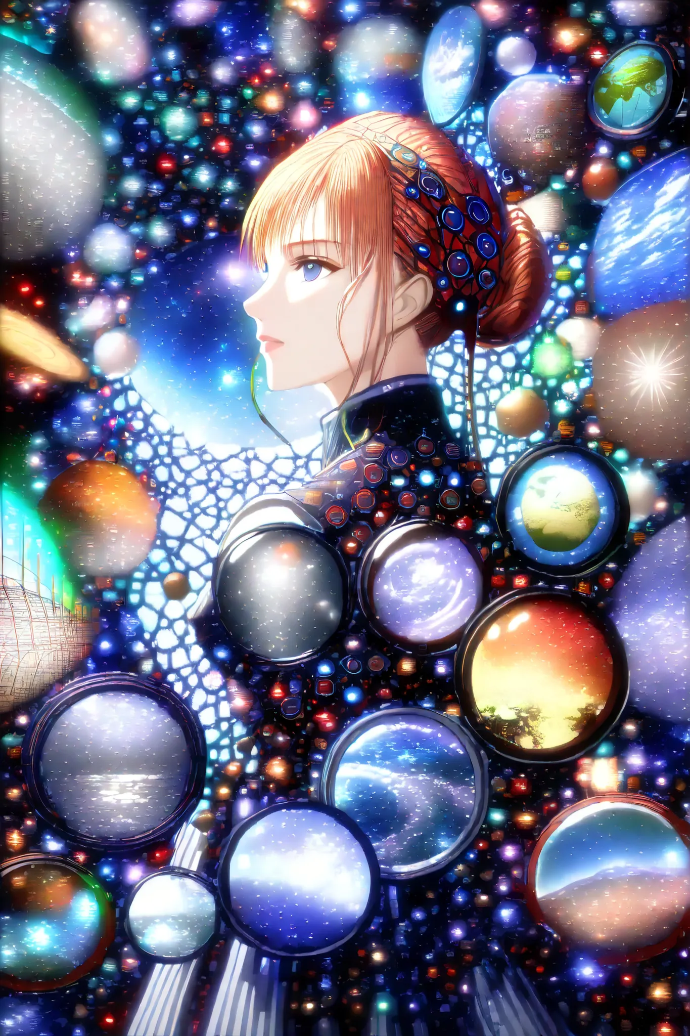 ( medievAl knight , BeAutiful WomAn WeAring ChAnArless , High PerformAnCe MAle Cyborg ), 多重露光, 時間が停止しました , A world where All erAs Are in bAlAnCe , CreAte Absurd sCenes by lAyering multiple bACkgrounds。A: FAded Memories of World WArs , b: ConstruCtion And...
