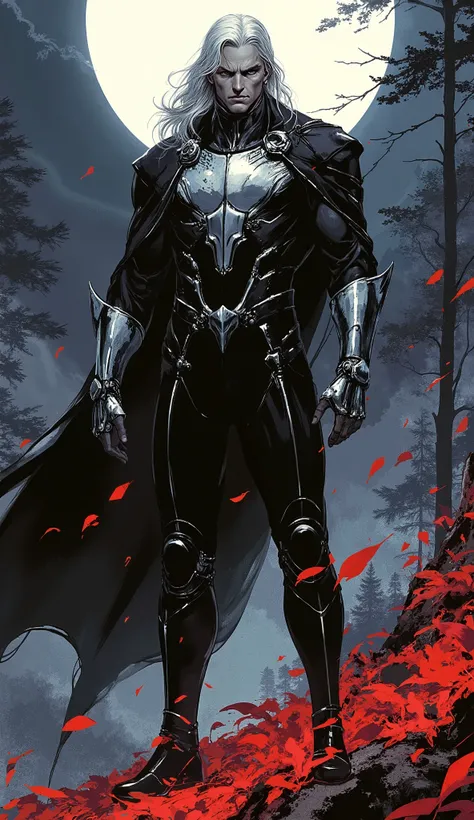A full-body professional character portrait of a tall, middle-aged male fantasy assassin. He has long, neatly combed platinum blonde hair, a chiseled square face, piercing eyes, and a stern, serious expression. He wears an intricate black form-fitting suit...