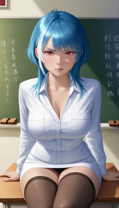 ((RAW Photo), Absurds, (Absurd Resolution)), ((Hyperrealism, Photorealistic)), (beautiful girl, 23 years old), (aquamarine blue hair with white highlights), (Instructor, tsundere, Kind, stockings), (sitting on desk), (Background: red chalkboard), (View: Ph...