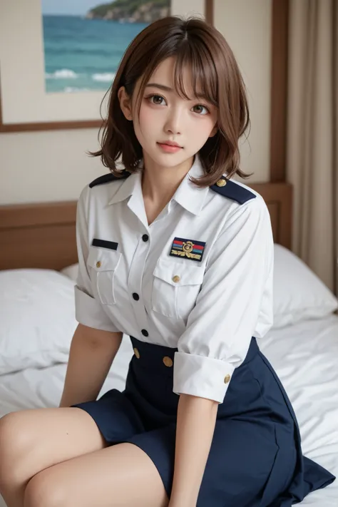 brown-haired Japanese women with medium hair、Navy women wear sensual uniforms、sea-view rooms in high-rise resort hotels、big boobs  、  Glamorous person 、sensual expression、Ecstasy、sexy pose、sitting、cute face