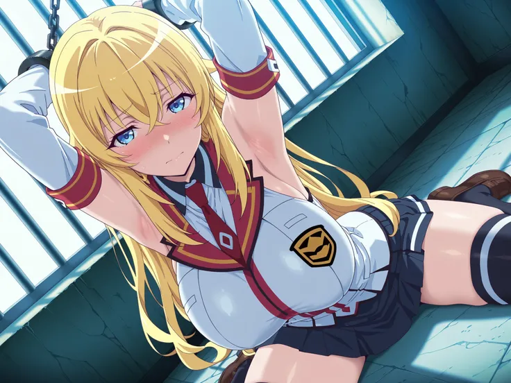 solo,masterpiece,best quality, amazing quality, highres, absurdres, very aesthetic, high resolution, ultra detailed, perfect details,Yurishia Farandole (character), Yurisia school uniform outfit, 1girl, solo, thighhighs, skirt, blonde hair, long hair, zett...