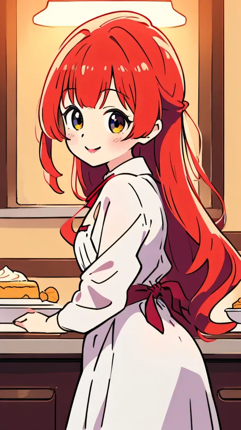 anime style, sweet female patissier instructor, white chef outfit with red ribbon, holding a piping bag, smiling gently, surrounded by cakes and pastries, light kitchen background, cream on her cheek, warm soft lighting, heartwarming atmosphere, long hair ...