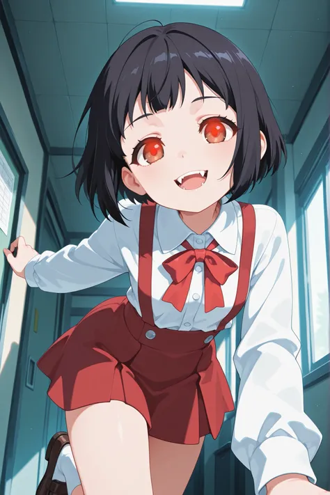 score_9, score_8_up, score_7_up, source_anime, Hasegawa Hanako, short hair, black hair, brown eyes,, skirt, shirt, ribbon, school uniform, white shirt, red ribbon, suspenders, small breasts, indoors, leaning forward, smile, looking at viewer, solo,, cowboy...