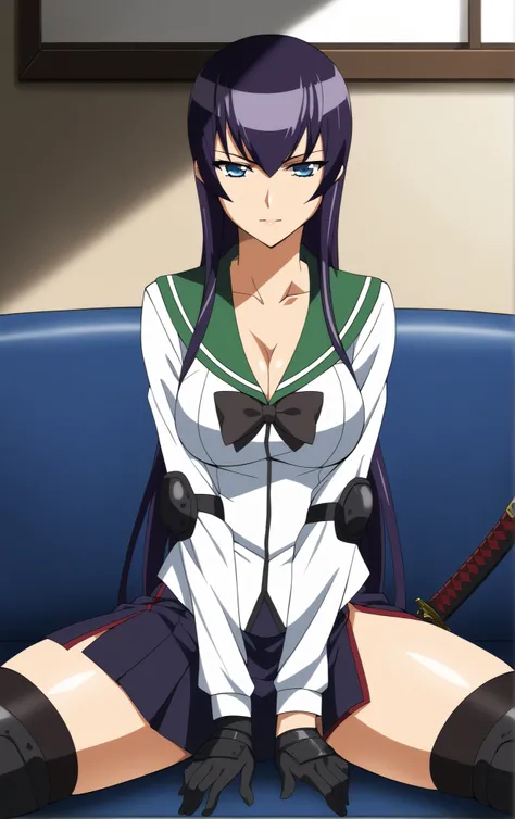 score_9, score_8_up, score_7_up, looking at viewer,  BREAK
MainOutfit_SaekoBusujima_ownwaifu, 
1girl, blue eyes, hair between eyes, long hair, purple hair, very long hair, large breasts,  collarbone, bangs, sidelocks, 
black bow, black skirt, green sailor ...