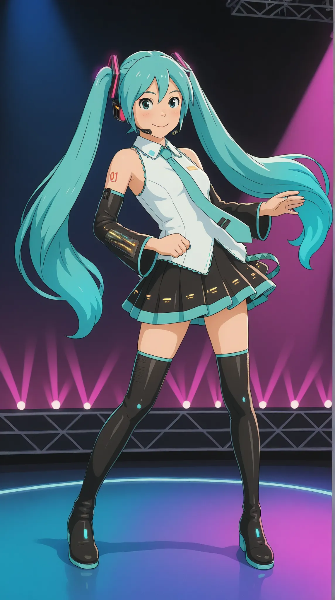 A realistic 3D anime-style girl with long twin turquoise ponytails, wearing a futuristic outfit with a short skirt, arm sleeves, and thigh-high boots, dancing energetically on a colorful neon-lit stage. The background features vibrant geometric LED lights ...