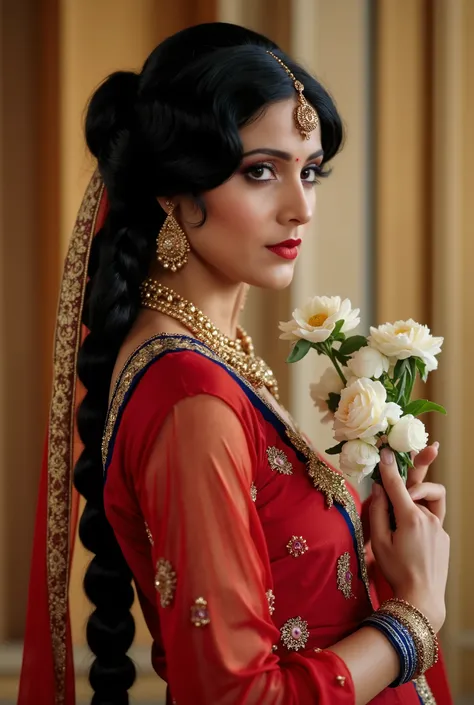 a portrait of a 1922's version of the movie Pakeezah. 1922's aesthetic pakeezah  sahib jaan of gulabi mahal luck now aesthetic  vibe 
Wearing red blue gold  kurta dhoti  aesthetic exact black long braid bun hairstyle holding flowers spiral slick finger wav...