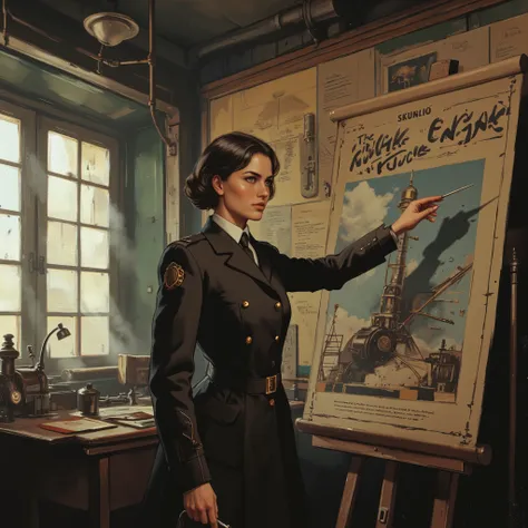 Soft-voiced Instructor. Beautiful and charming young Indian woman with short haircut - instructor at a dieselpunk aviation academy. She is explaining the fighter engine mechanics on an educational poster, standing beside it with a pointer in a classroom se...