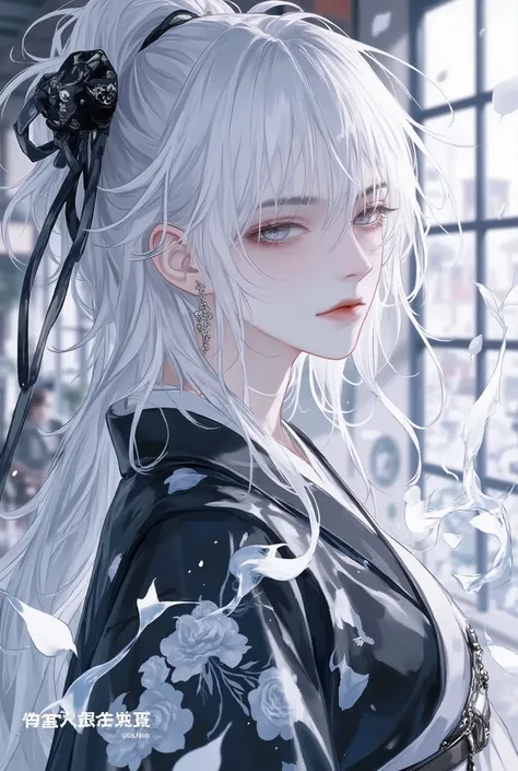 Jujutsu Kaisen animeの画風で、Te daughter of Satoru Gojo and Ota Hime、Beautiful Woman Who Leveled Up Gojo Satoru's Beauty as a Woman。Japanese Kimono。 ave long lashes、as fair skin like snow。Long, uish Hair Fluttering in the Wind with a Silvery Glow、Deep, Sparkli...