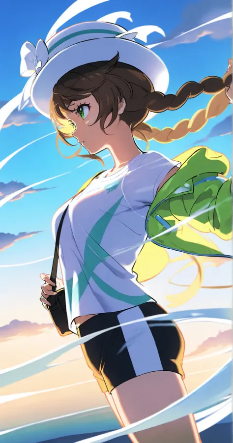 Pokémon style,illustration,arena,1 girl,brown double twist braid,pure white bow hat,light green open jacket,pure white t-shirt,Partial light,Profile,green eyes,(brown hair),Black Shoulder Bag,dynamic,Hand-held hat,Blue sky,Clouds,Surrounded by water,squin...