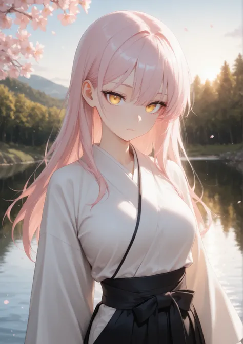 masterpiece, newest, Best Resolution, HD Quality, good lighting, safe. beautiful, adorable, anime, good anatomy, .  Pale pink hair , Hair below the shoulders. Golden-yellow eyes, dark eyelashes, piel clara, slim build, Medium Breasts Size D. She is 24 year...