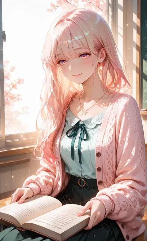 (masterpiece, detailed:1.2), semi-realistic, hyper-detailed, beautiful young woman, soft-voiced instructor, kind and gentle expression, warm smile, delicate eyes with soft glow, long silky hair tied loosely, elegant blouse with pastel cardigan, sitting gra...