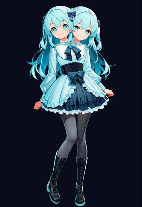 ((best quality), (high quality), (detailed), (masterpiece), good artist, 1girl, (2heads:1.5), ((long waist-length aqua blue hair:1.5)), ((long hair:1.5)),((frilly sky blue and cyan dress with a large waist ribbon)), (a lace-up bodice with a large chest bow...