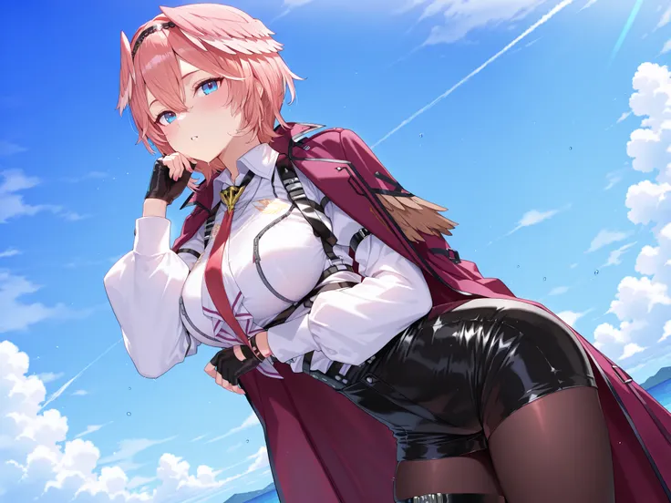 solo,masterpiece,best quality, amazing quality, highres, absurdres, very aesthetic, high resolution, ultra detailed, perfect details,luiIL,luidef, head wings, short hair, hairband, puffy long sleeves, collared shirt, high-waist shorts, red necktie, coat on...