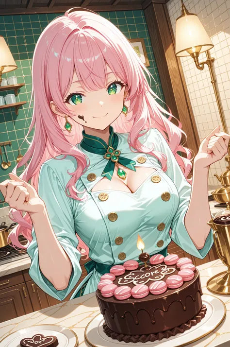masterpiece, anime artwork, score_9_up, score_8_up, flat anime style, 1girl, 20 years old, delicate Japanese facial features, soft angular jawline, high cheekbones, small refined nose, naturally arched eyebrows, large expressive emerald green eyes with intricate mandala-like iris patterns, detailed pupils with crystalline clarity, sparkling highlights, cheerful smile with chocolate truffle between lips, long natural eyelashes BREAK (pink hair:1.3), silky smooth wavy hair with individual strand definition, styled in loose curls with cooking-appropriate length, detailed hair texture with  shine, glossy surface reflecting kitchen lighting BREAK porcelain-smooth skin with subtle translucency, natural healthy glow, realistic skin texture, joyful expression with chocolate smudge on cheek BREAK pastel pink chef's coat with decorative buttons, detailed fabric texture with professional cut, revealing subtle cleavage, white mini skirt with practical design, black translucent stockings with cupcake patterns BREAK from an angle, upper body shot, demonstrating pose with one hand holding delicate macaron, other hand gesturing to elaborate dessert display, encouraging teaching stance BREAK professional pastry kitchen, warm lighting from pendant lamps, detailed baking equipment with copper and steel surfaces, colorful ingredient displays in glass containers, elaborate cake stands with finished desserts, chocolate fountains with flowing streams, sugar art decorations with intricate details, scattered baking tools with realistic wear, atmospheric depth with sweet aromatic visualization, indulgent culinary wonderland