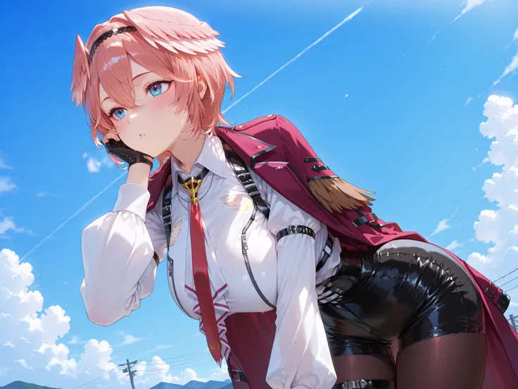 solo,masterpiece,best quality, amazing quality, highres, absurdres, very aesthetic, high resolution, ultra detailed, perfect details,luiIL,luidef, head wings, short hair, hairband, puffy long sleeves, collared shirt, high-waist shorts, red necktie, coat on...