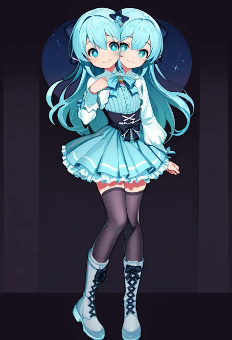 ((best quality), (high quality), (detailed), (masterpiece), good artist, 1girl, (2heads:1.5), ((long waist-length aqua blue hair:1.5)), ((long hair:1.5)),((frilly sky blue and cyan dress with a large waist ribbon)), (a lace-up bodice with a large chest bow...
