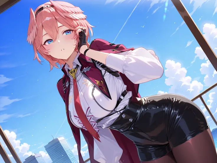 solo,masterpiece,best quality, amazing quality, highres, absurdres, very aesthetic, high resolution, ultra detailed, perfect details,luiIL,luidef, head wings, short hair, hairband, puffy long sleeves, collared shirt, high-waist shorts, red necktie, coat on...