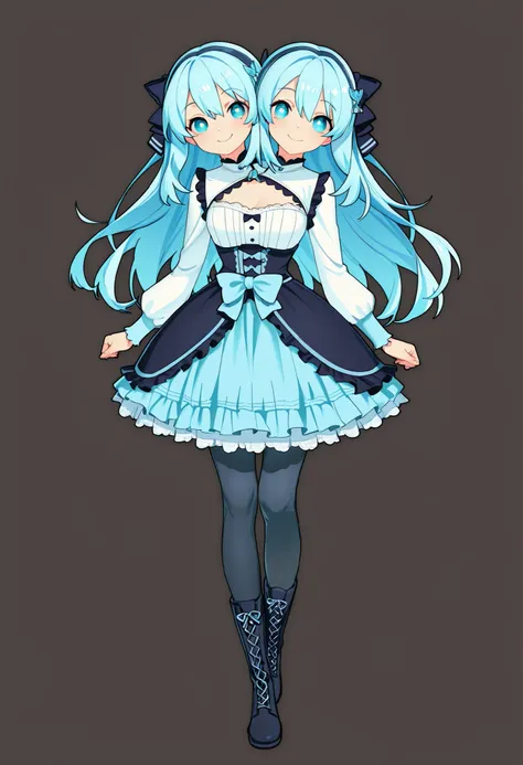((best quality), (high quality), (detailed), (masterpiece), good artist, 1girl, (2heads:1.5), ((long waist-length aqua blue hair:1.5)), ((long hair:1.5)),((frilly sky blue and cyan dress with a large waist ribbon)), (a lace-up bodice with a large chest bow...