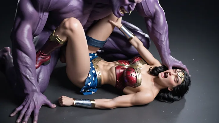 Gal Gadot as Wonder Woman is defeated from fighting with a huge body Thanos, she is lying down on her back, she is wearing Wonder woman costume, blue skirt, warrior long boots, painful face, screaming in pain, exhaust, tear from her eyes, the naked Thanos ...
