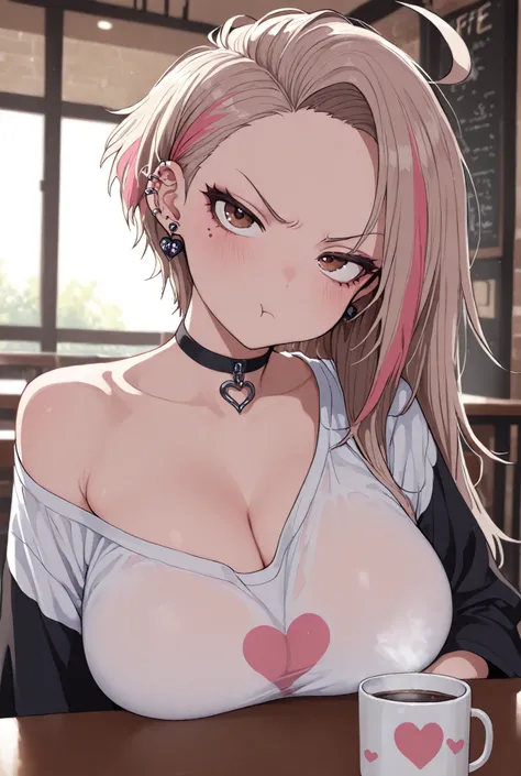 masterpiece, best quality, very aesthetic, absurdres, amazing quality, newest, very awa, highly detailed, fine detail, intricate detail, volumetric lighting, perspective, perfect lighting,
 1girl, big breasts solo, brown eyes, very short hair, piercing in ...