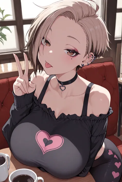 masterpiece, best quality, very aesthetic, absurdres, amazing quality, newest, very awa, highly detailed, fine detail, intricate detail, volumetric lighting, perspective, perfect lighting,
 1girl, big breasts solo, brown eyes, very short hair, piercing in ...