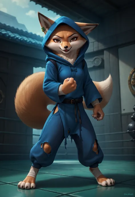 score_9, score_8_up, score_7_up, source_furry, best quality, amazing quality, detailed background, masterpiece, 1girl, looking at viewer, solo, ( sexy pose, seductive smile, seductive look, horny :1.1), ((hooded blue tunic, baggy trousers, gray bandages, t...