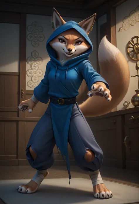 score_9, score_8_up, score_7_up, source_furry, best quality, amazing quality, detailed background, masterpiece, 1girl, looking at viewer, solo, ( sexy pose, seductive smile, seductive look, horny :1.1), ((hooded blue tunic, baggy trousers, gray bandages, t...