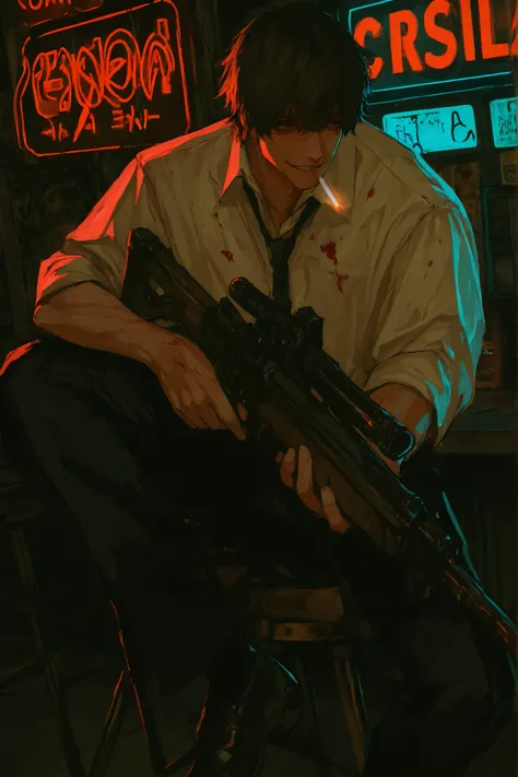 holding ranged weapon with one hand, score_9, score_8_arriba, score_7_arriba, score_6_arriba, solo boy, 1guy, tall,  wide shoulders, masculine face, beautiful face, handsome face, beautiful eyes, sharp jaw, short messy hair, dark brown hair, dark eyes, mus...