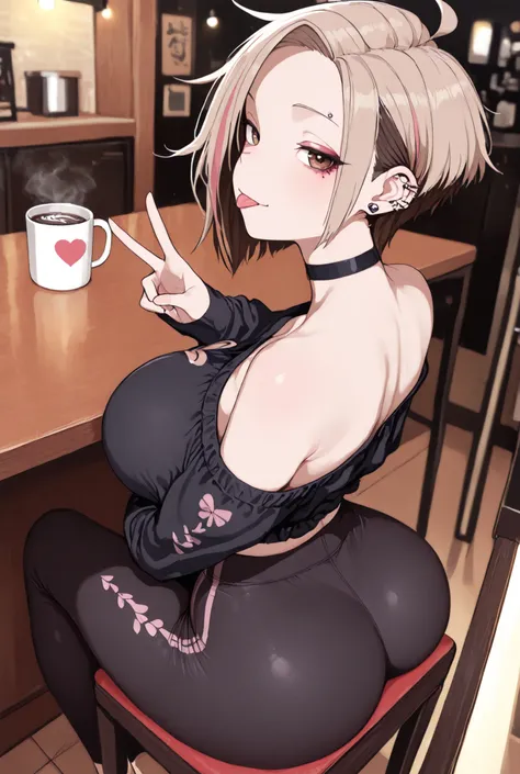 masterpiece, best quality, very aesthetic, absurdres, amazing quality, newest, very awa, highly detailed, fine detail, intricate detail, volumetric lighting, perspective, perfect lighting,
 1girl, big breasts solo, brown eyes, very short hair, piercing in ...