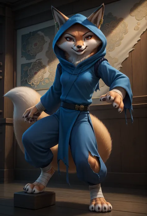 score_9, score_8_up, score_7_up, source_furry, best quality, amazing quality, detailed background, masterpiece, 1girl, looking at viewer, solo, ( sexy pose, seductive smile, seductive look, horny :1.1), ((hooded blue tunic, baggy trousers, gray bandages, t...