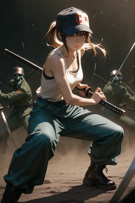 weapon, holding sword, battoujutsu, battoujutsu stance, ready to draw, sheathed, unsheathing, scabbard,,Curved Sword Slash, skinny girl, wearing baseball hat, ponytail,  army jacket over a white tanktop undershirt, baggy jeans, , combat boots,tomboy, depth...
