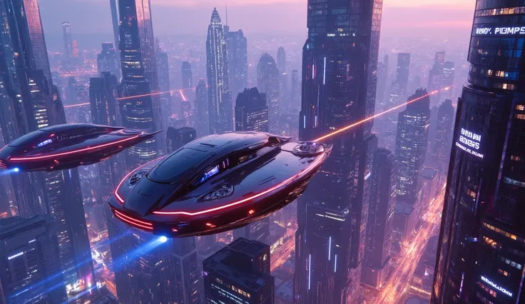 A majestic panoramic view of a futuristic cityscape at dusk, bathed in an electric glow. Sleek, hovering vehicles glide effortlessly above neon-lit skyscrapers, their intricate patterns pulsing like a symphony. Dynamic compositions juxtapose the smooth met...
