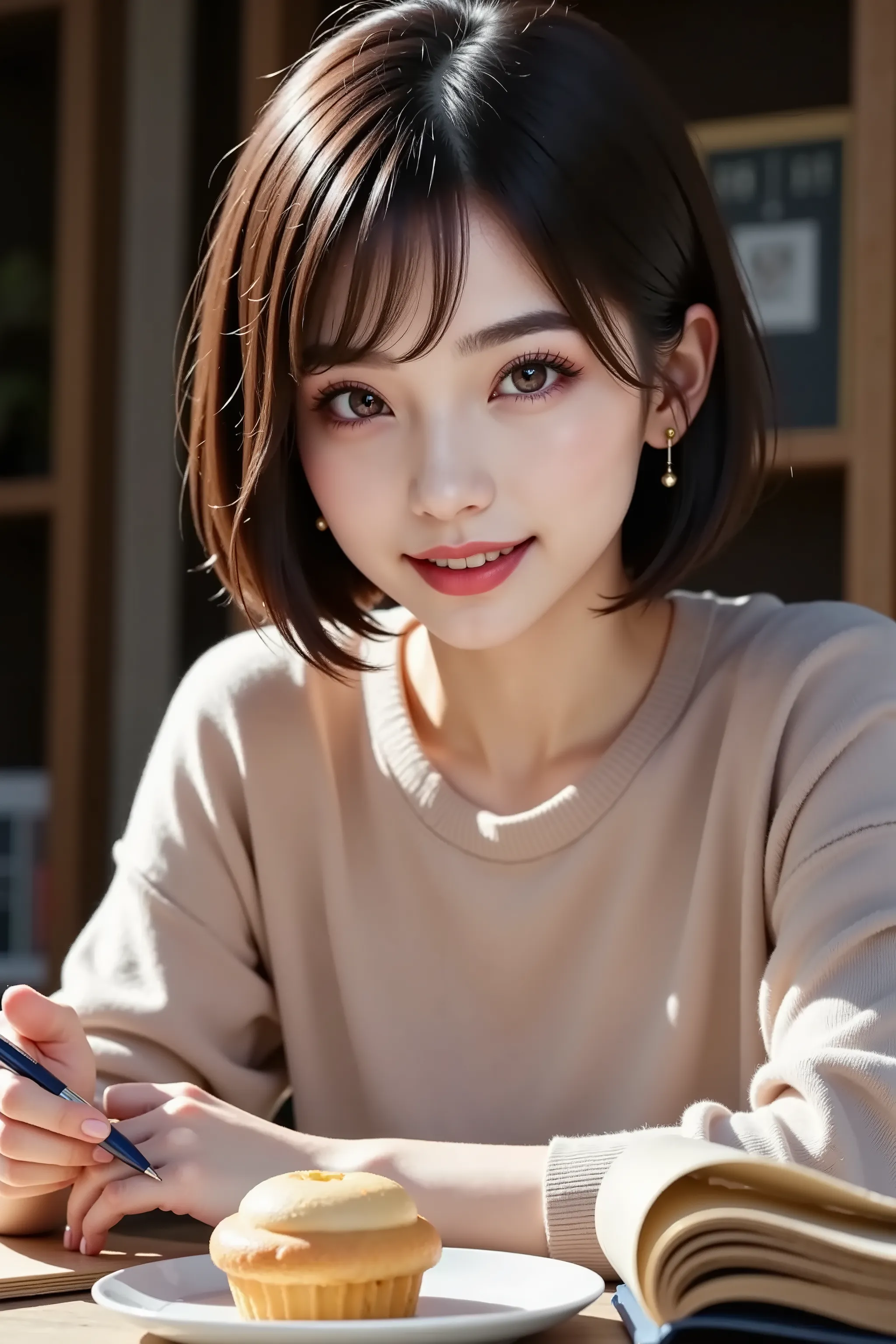 Light Bulb Colored Light, Night Room,Tutor Low Table, (There is a shortcake on a plate and an open textbook on the table), One satisfied woman , light beige shirt, short hair holding the sleeve, working on a computer with slender eyes, Foxy face, (holding ...