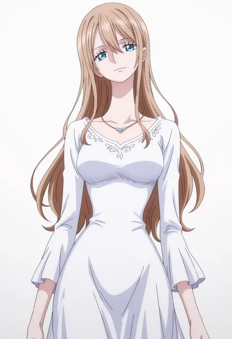 tall girl, 1girl, shiny light, long hair, (bangs), hair between eyes, very light brown hair, pale skin, light blue eyes, shiny eyes, small breasts, necklace, white summer dress, narrow waist, long sleeve ,white background, simple background, anime coloring...