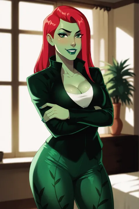 PoisonIvyCartoon, BREAK, score_8_up, score_7_up, score_6_up, score_9, 1girl, lipstick, makeup, large breasts, cleavage, green eyes, green skin, colored skin, long red hair, black lips, curvy, athletic, seductive expression, bedroom eyes, smile, closed mout...