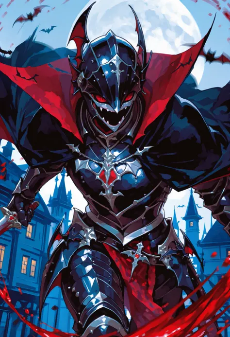 Ku、death、Ya、but、and others。Western-style building。Scenery。vampire armor。Bloodstain、Action、noble。Black Cloak、Head Armor。Stylish。Blood Full Armor。Room。tooth。Bat Ornament、Vampire、Dynamic、motion blur effect