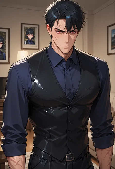 masterpiece, best quality,1Boy,Black hair,Rough cut,Red eyes,Scar on left Cheek,Dark blue collared shirt,Black vest,Black pants,Living room