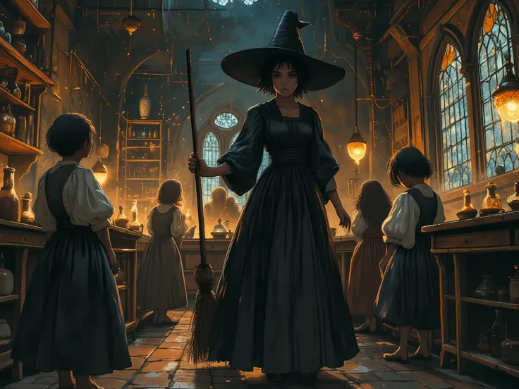 Night,  Middle Ages, a young witch with a broom, (dynamic pose) is holding a class with her daughters,  armed with a broom, dark short hair,  black finish , piercing look,  masterpiece , concept art,  Medium plan, panoramic,  The interior of the alchemy laboratory,   mythical  ,    fantasy theme, frowning,  atmospheric, ( epic composition ,     epic scales    ,   Very detailed ), HD, frowning цвет, dynamics,  movement, wind,      Fear, horror, intense atmosphere ,  style Caravaggio
, BREAK,
(best quality, masterpiece, super detailed, Illustration:1.2),(Wallpaper 8K),(handsome expressive eyes:1.2), handsome, expressive eyes, Soft light, Add simple steps,   Complex colors  , bright colors, is absurd,   watercolor style